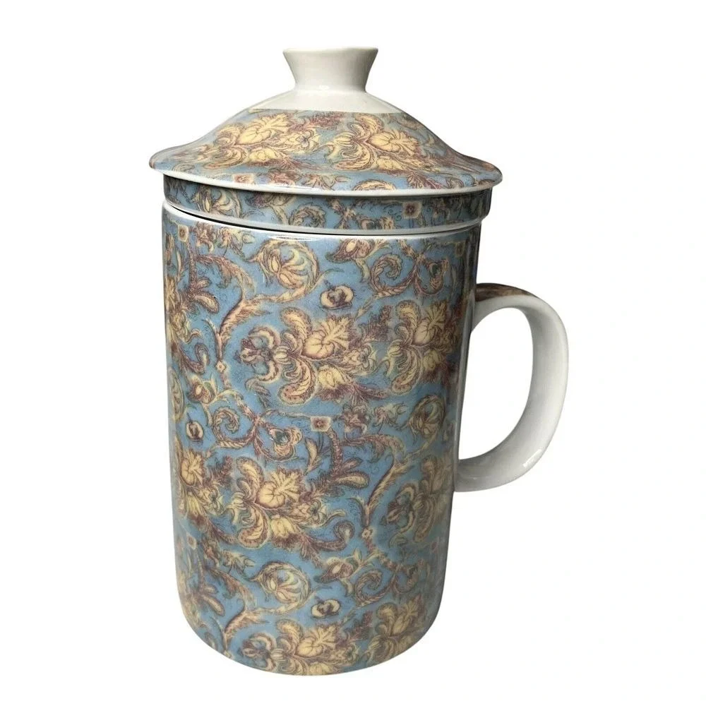 World Market‎ Blue Floral Ceramic Tea Mug Infuser Lid Dishwasher Safe